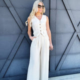Loose Fit Linen Vest Pant Set In Oatmeal - Infinity Raine