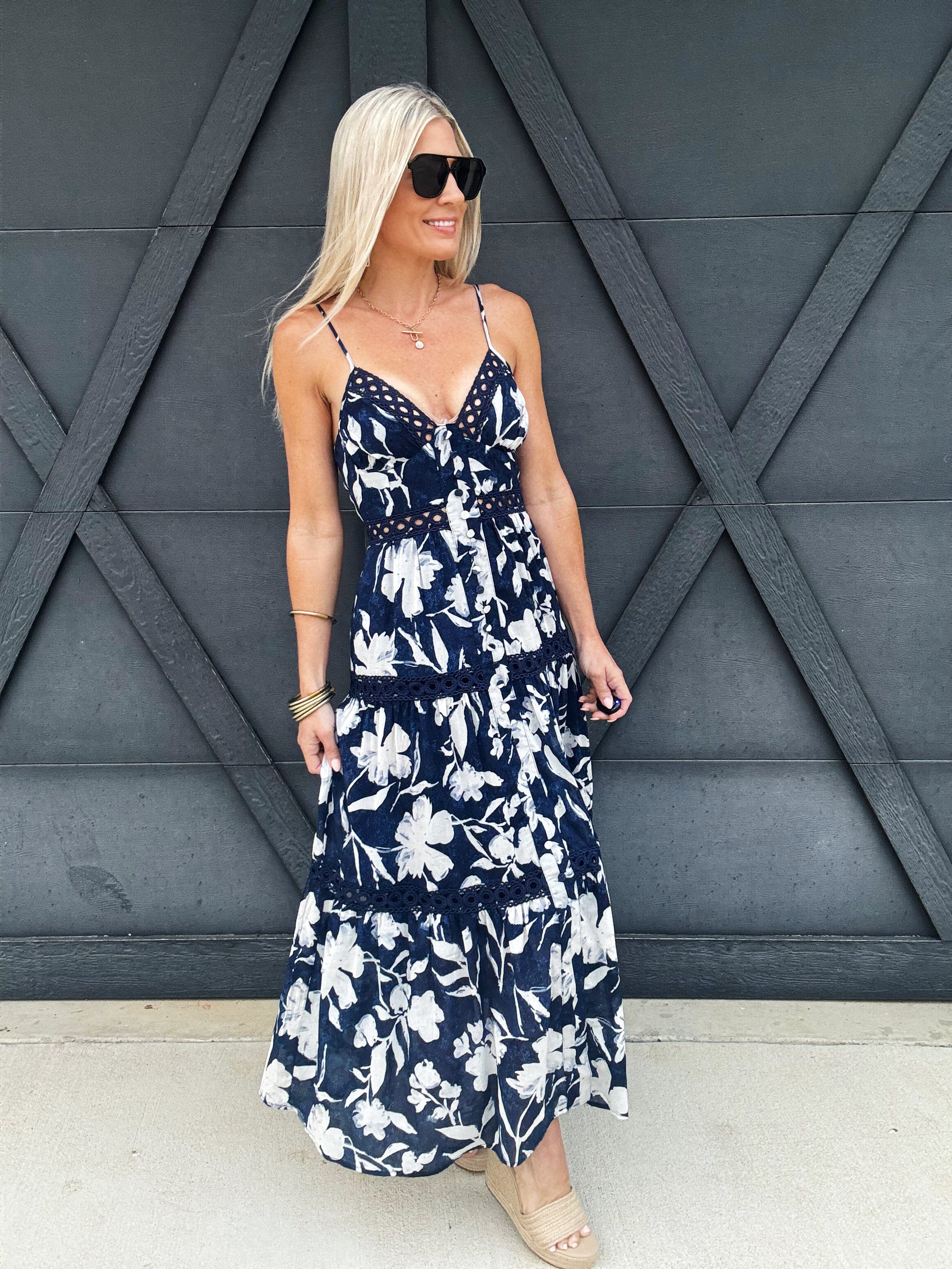 Tiered Lace Maxi Dress In Navy - Infinity Raine