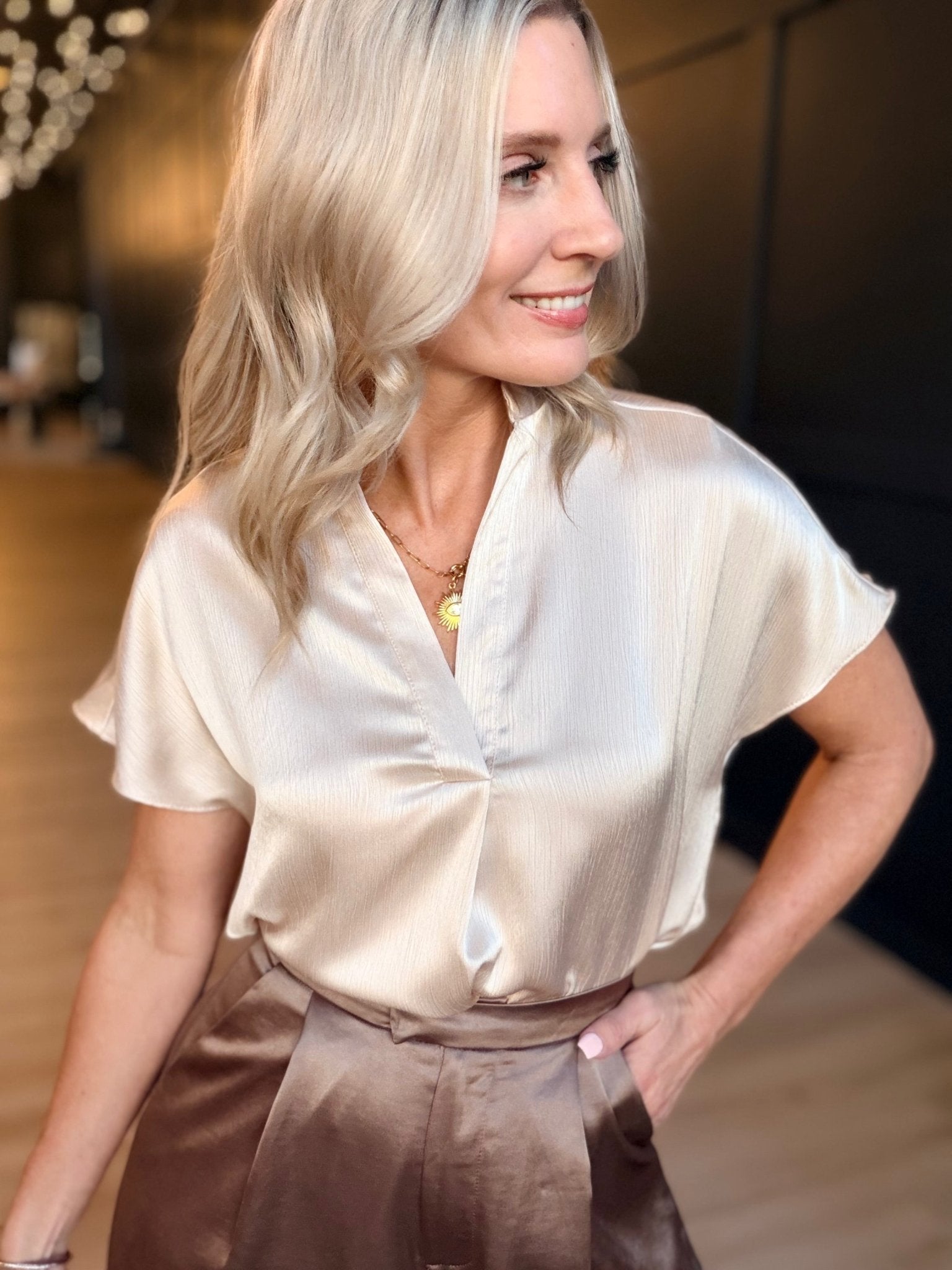 Drop Shoulder Blouse in Crinkle Satin In Beige - Infinity Raine