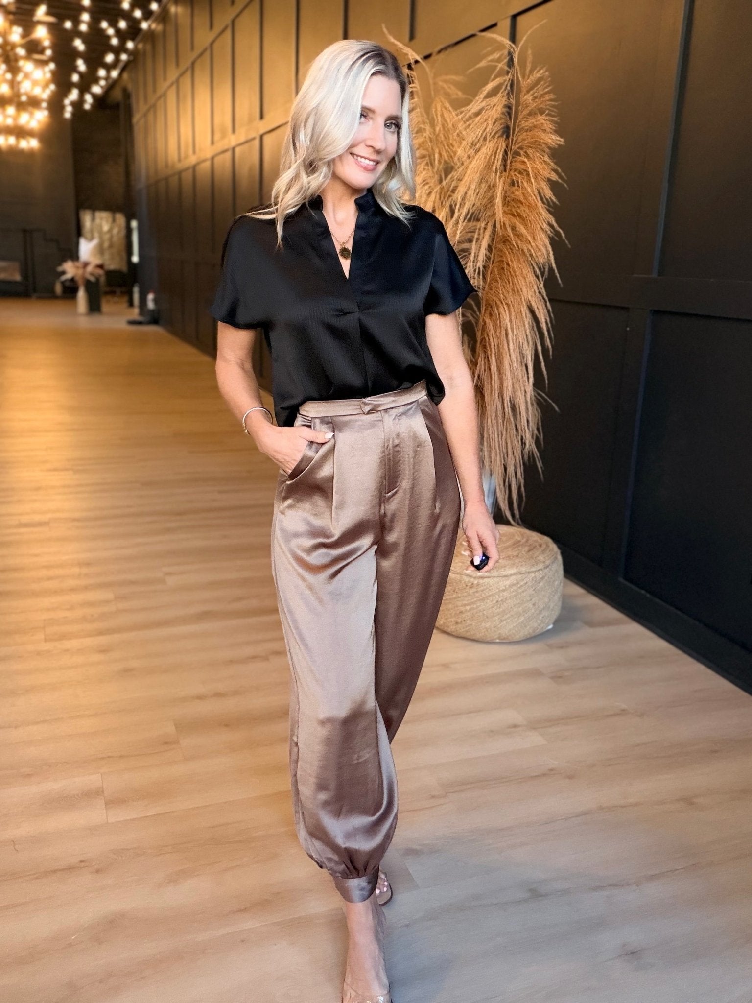 Drop Shoulder Blouse in Crinkle Satin In Black - Infinity Raine
