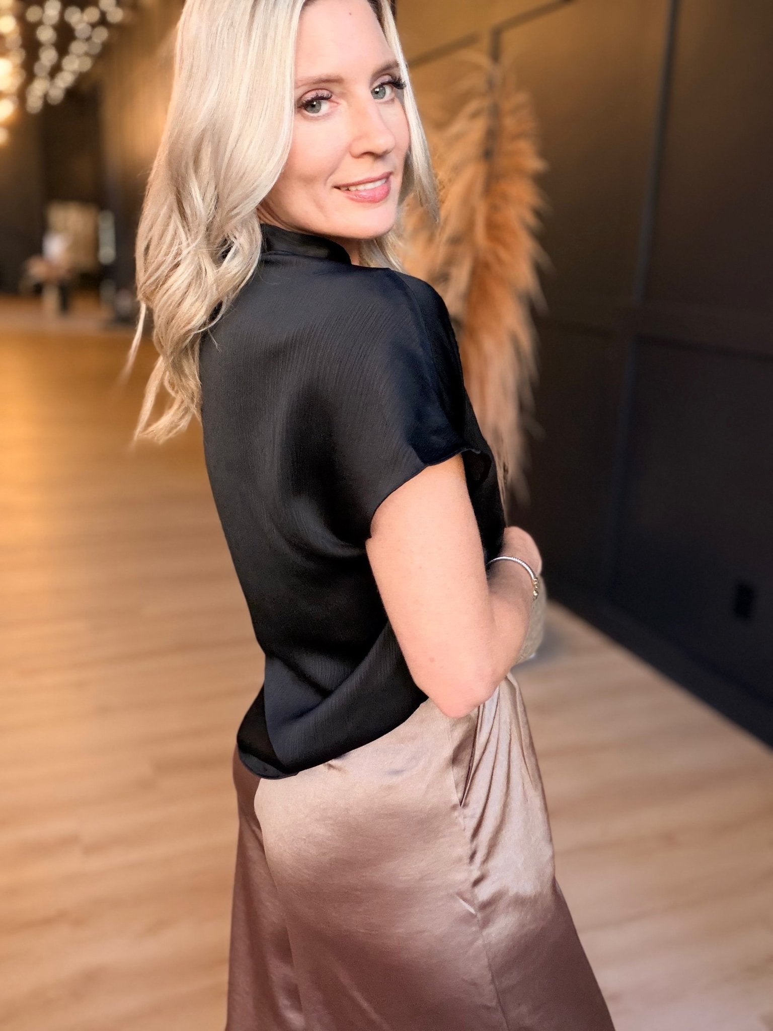 Drop Shoulder Blouse in Crinkle Satin In Black - Infinity Raine