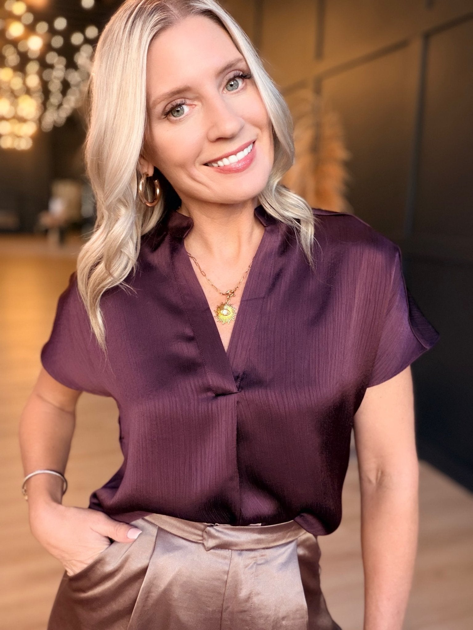 Drop Shoulder Blouse in Crinkle Satin In Dark Wine - Infinity Raine