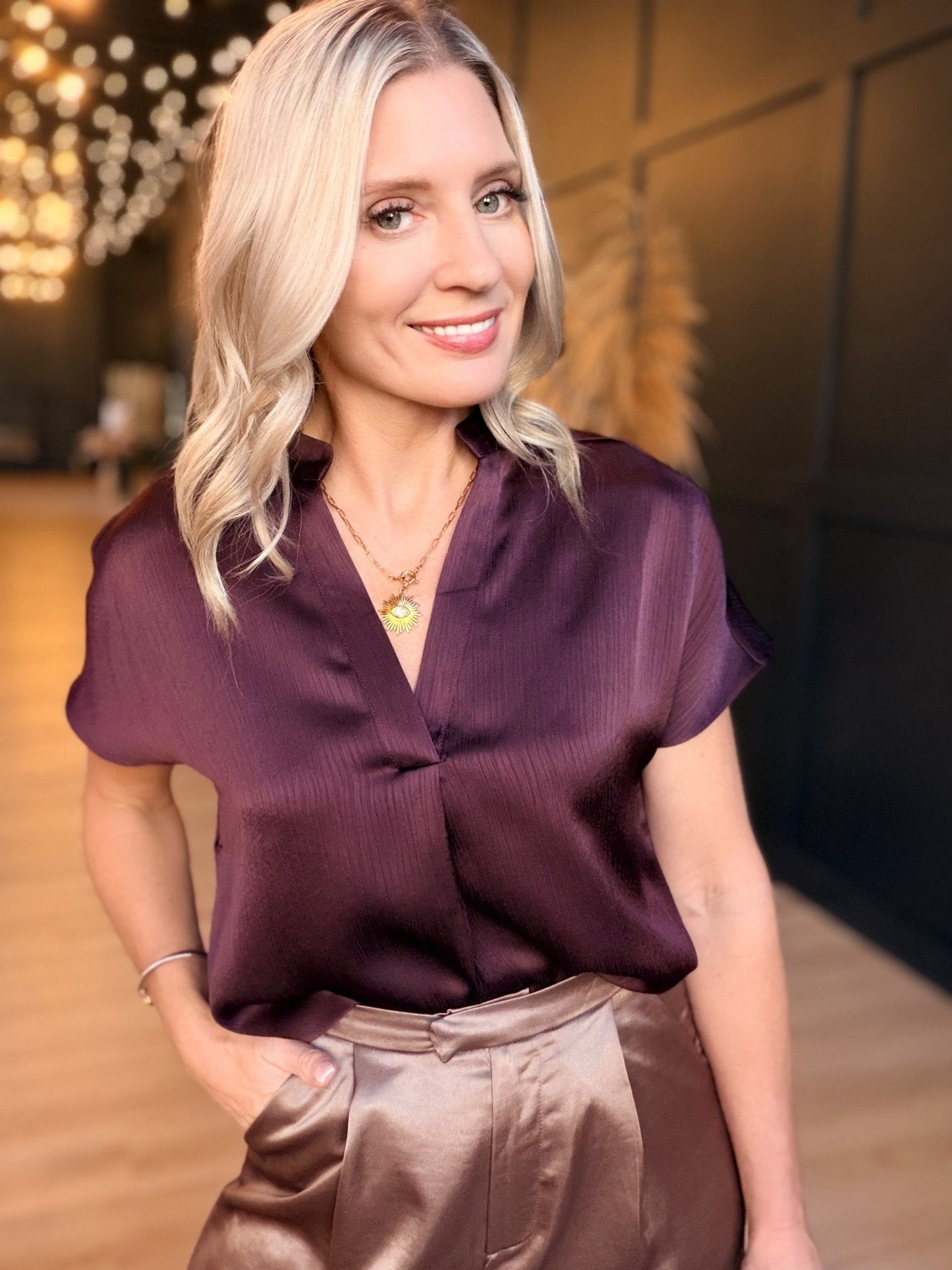 Drop Shoulder Blouse in Crinkle Satin In Dark Wine - Infinity Raine