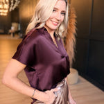 Drop Shoulder Blouse in Crinkle Satin In Dark Wine - Infinity Raine