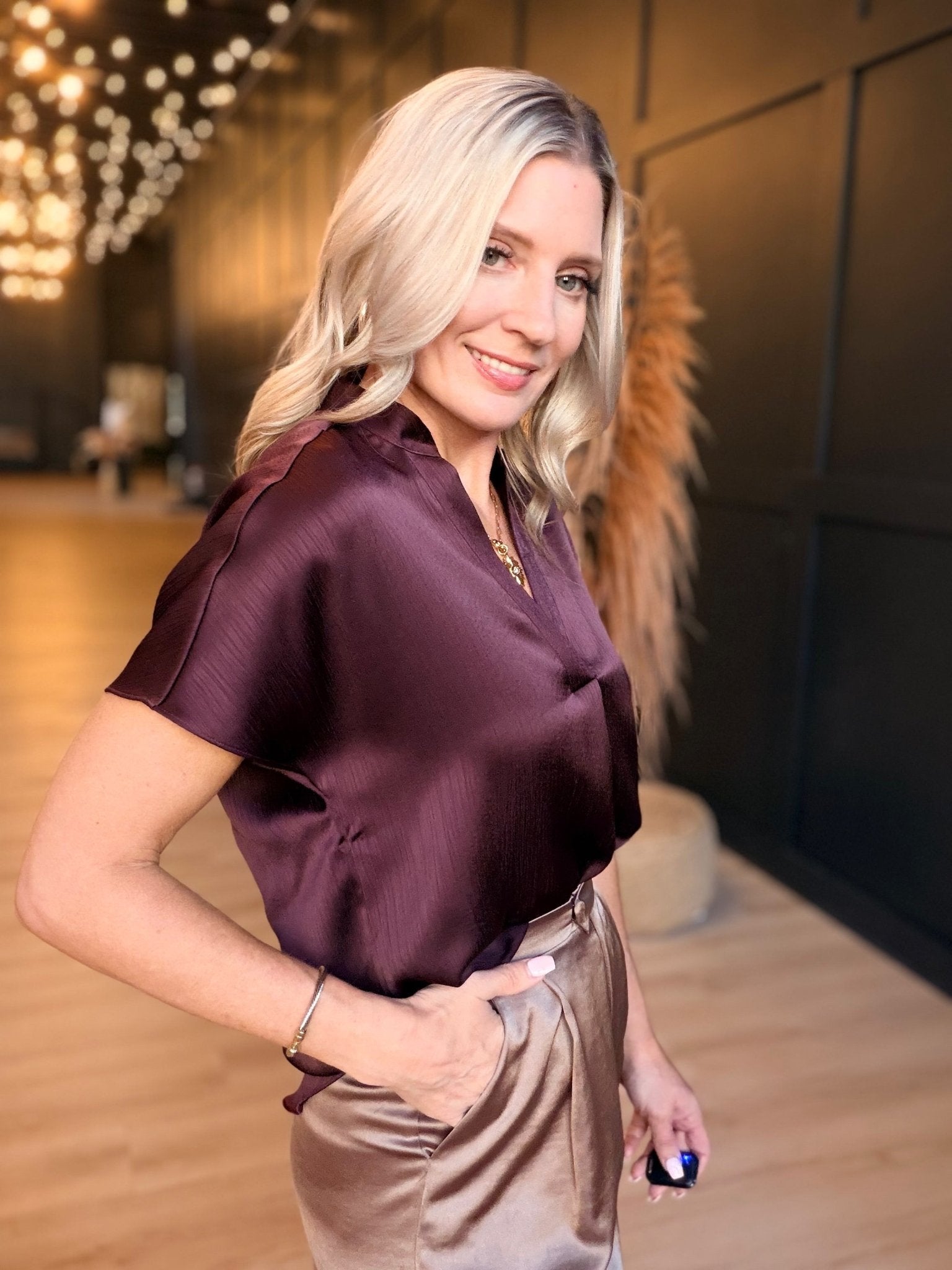 Drop Shoulder Blouse in Crinkle Satin In Dark Wine - Infinity Raine