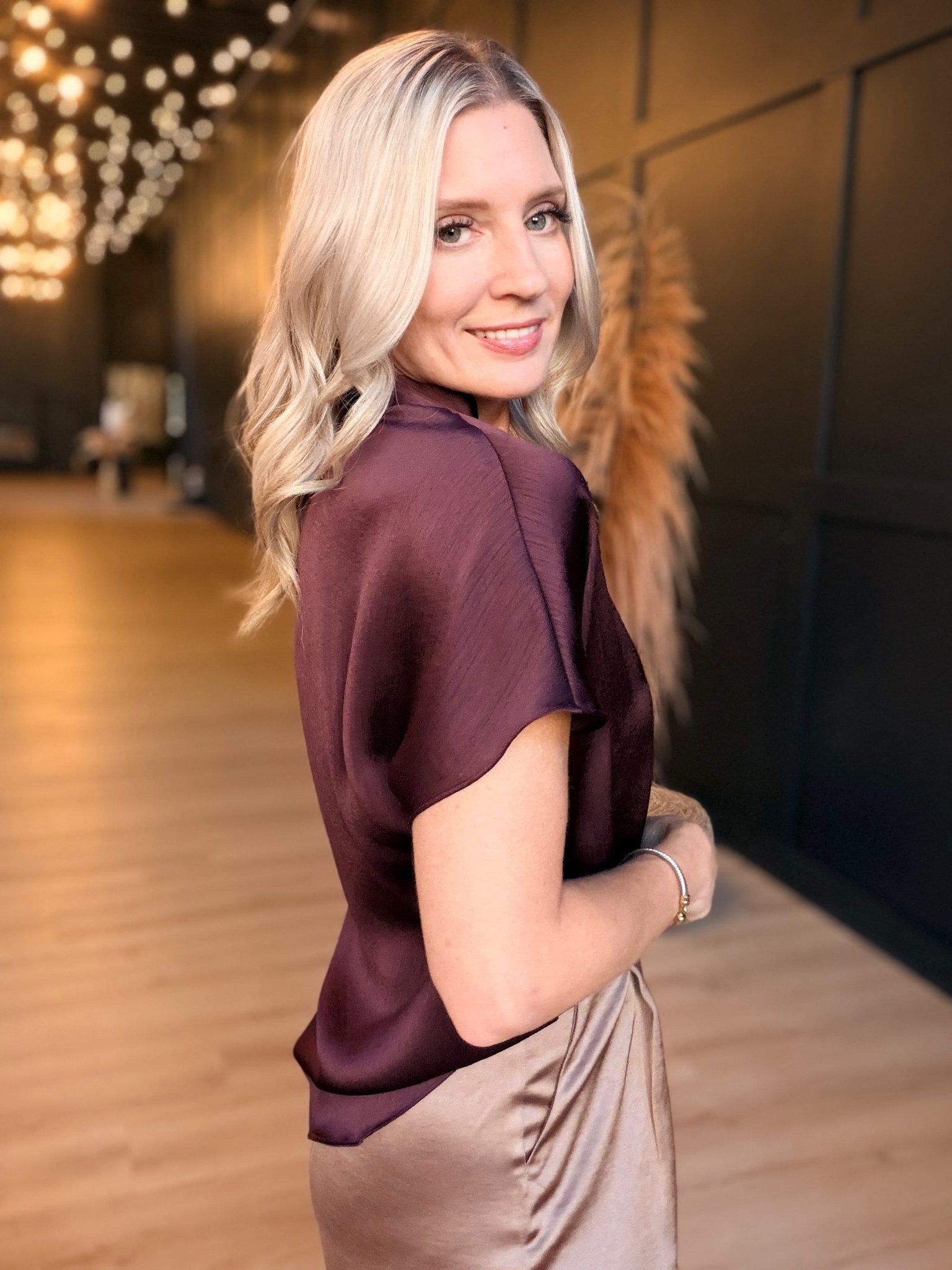 Drop Shoulder Blouse in Crinkle Satin In Dark Wine - Infinity Raine