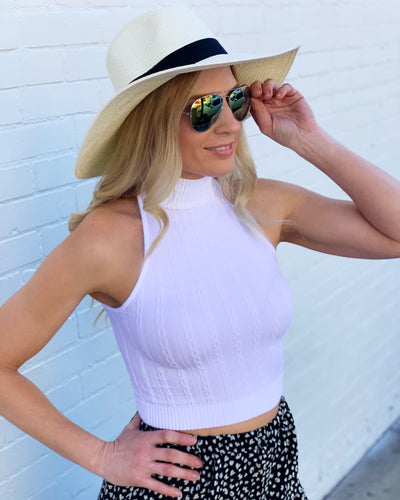 Jacquard Highneck Sleeveless Crop Top-White - Infinity Raine