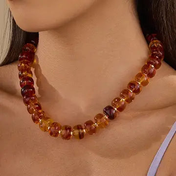 Chunky Amber-Tone Barrel Bead Necklace In Gold - Infinity Raine