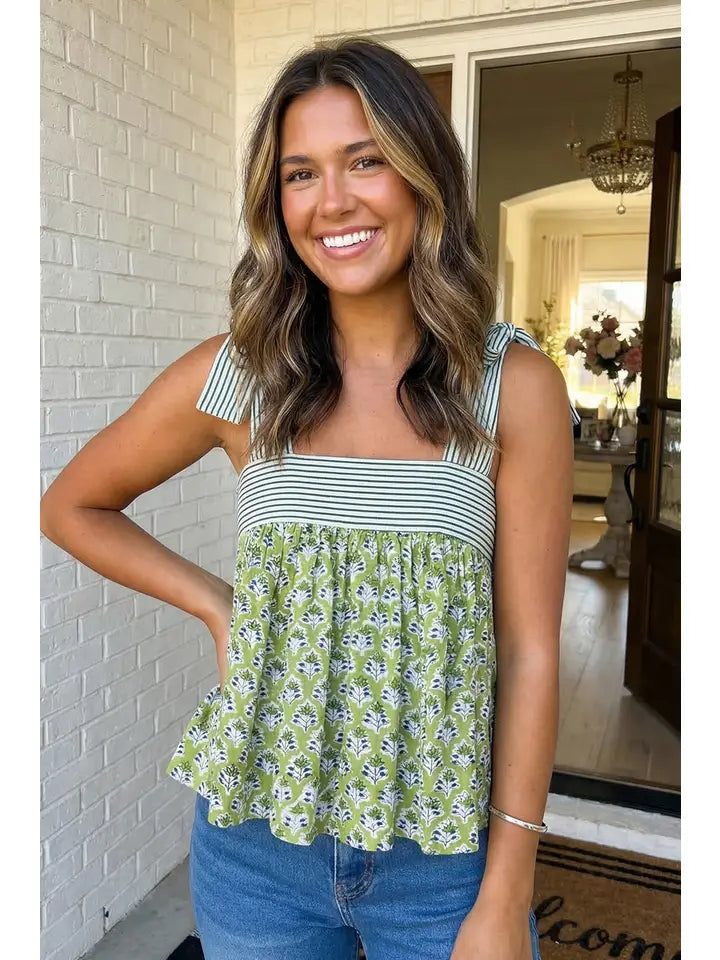 Floral Printed Knot Straps Babydoll Tank Top In Green - Infinity Raine