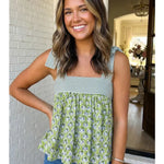 Floral Printed Knot Straps Babydoll Tank Top In Green - Infinity Raine