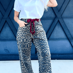 Mineral Washed Leopard Tie Waist Barrel Jeans - Infinity Raine