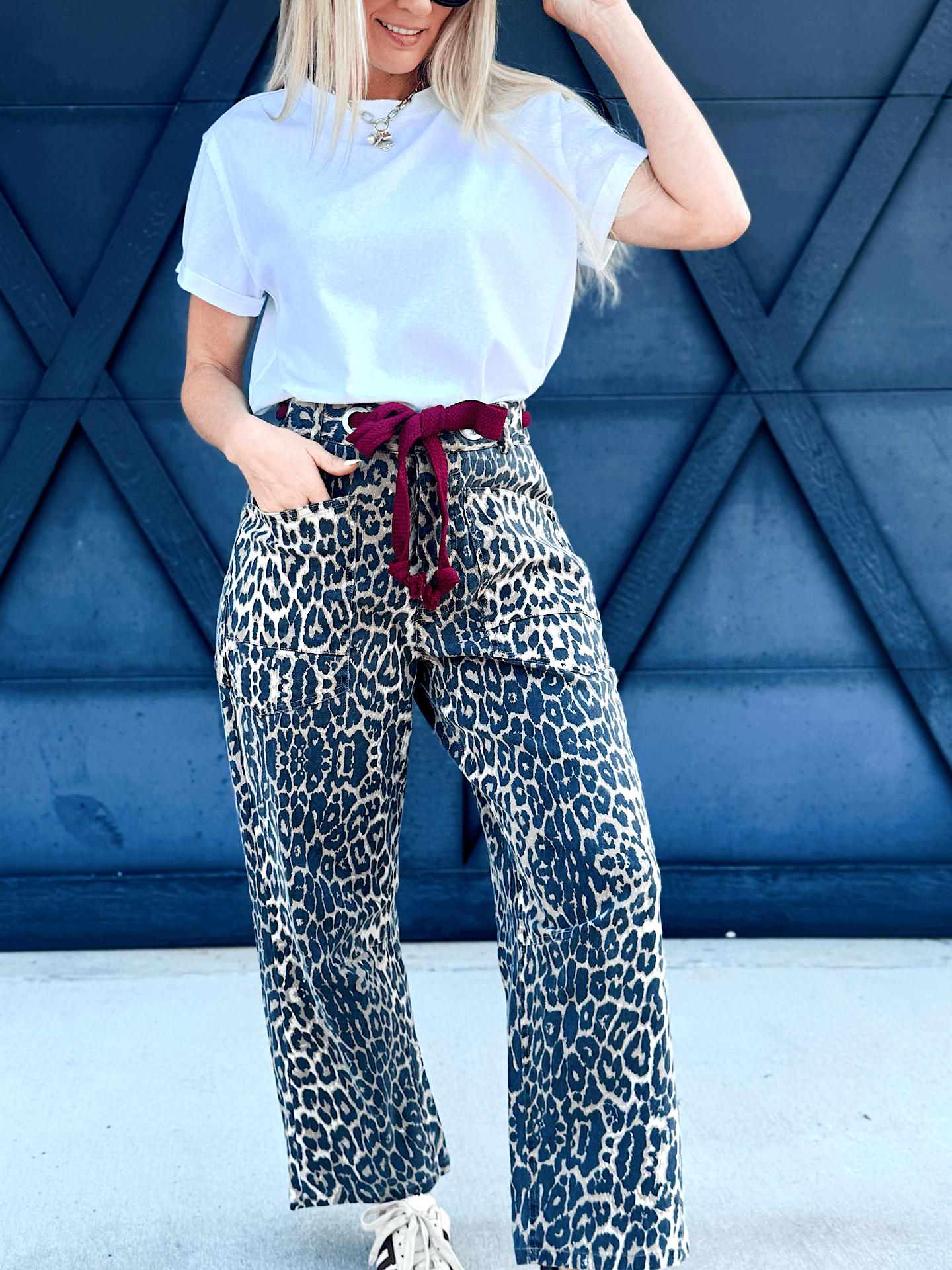 Mineral Washed Leopard Tie Waist Barrel Jeans - Infinity Raine