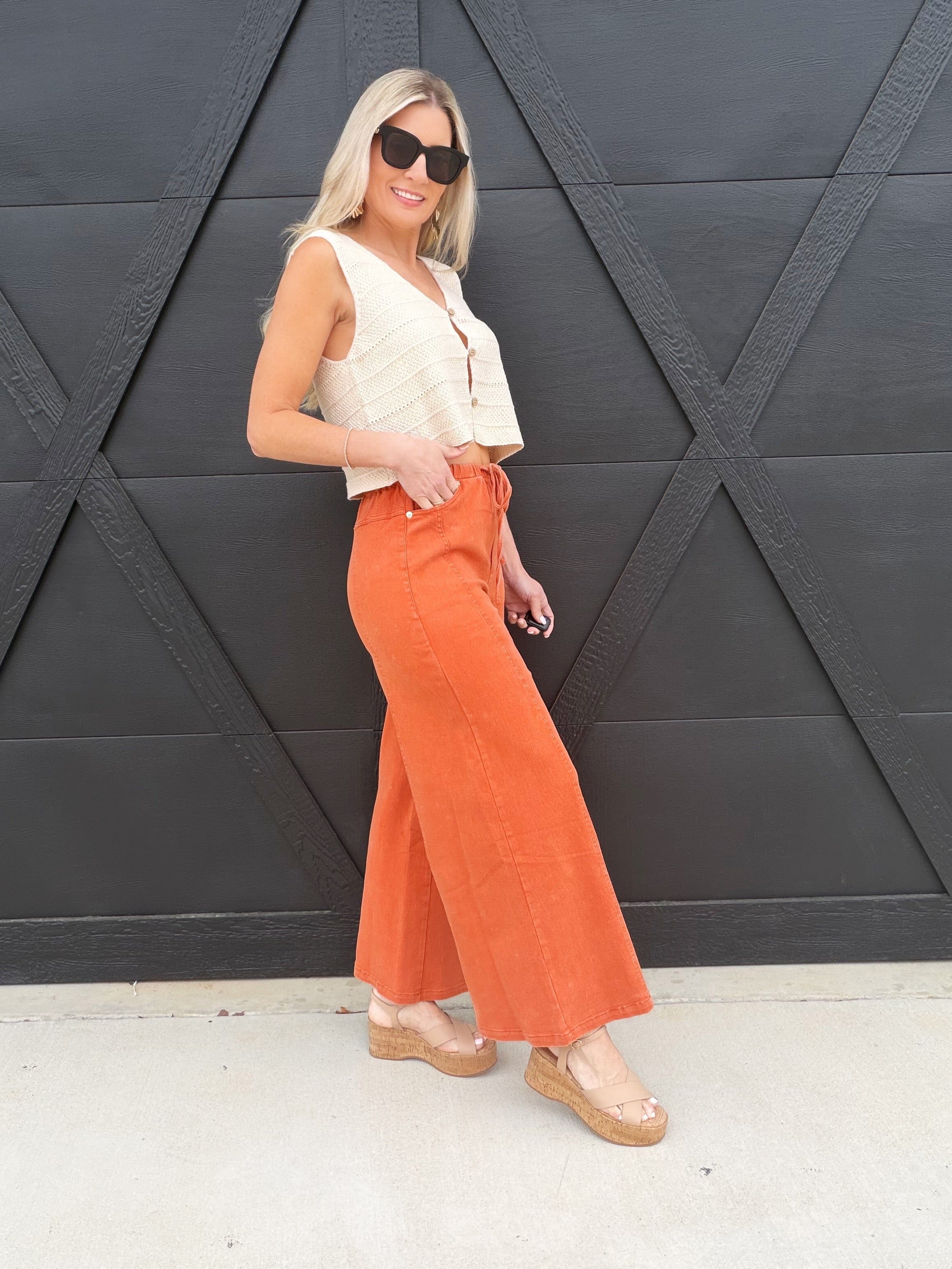 ee:some Bottoms - Pants Mineral Washed Tie Wide Leg Pants In Ginger Root