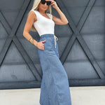 Washed Pinstriped Tie Wide Leg Pants In Denim - Infinity Raine