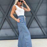 Washed Pinstriped Tie Wide Leg Pants In Denim - Infinity Raine