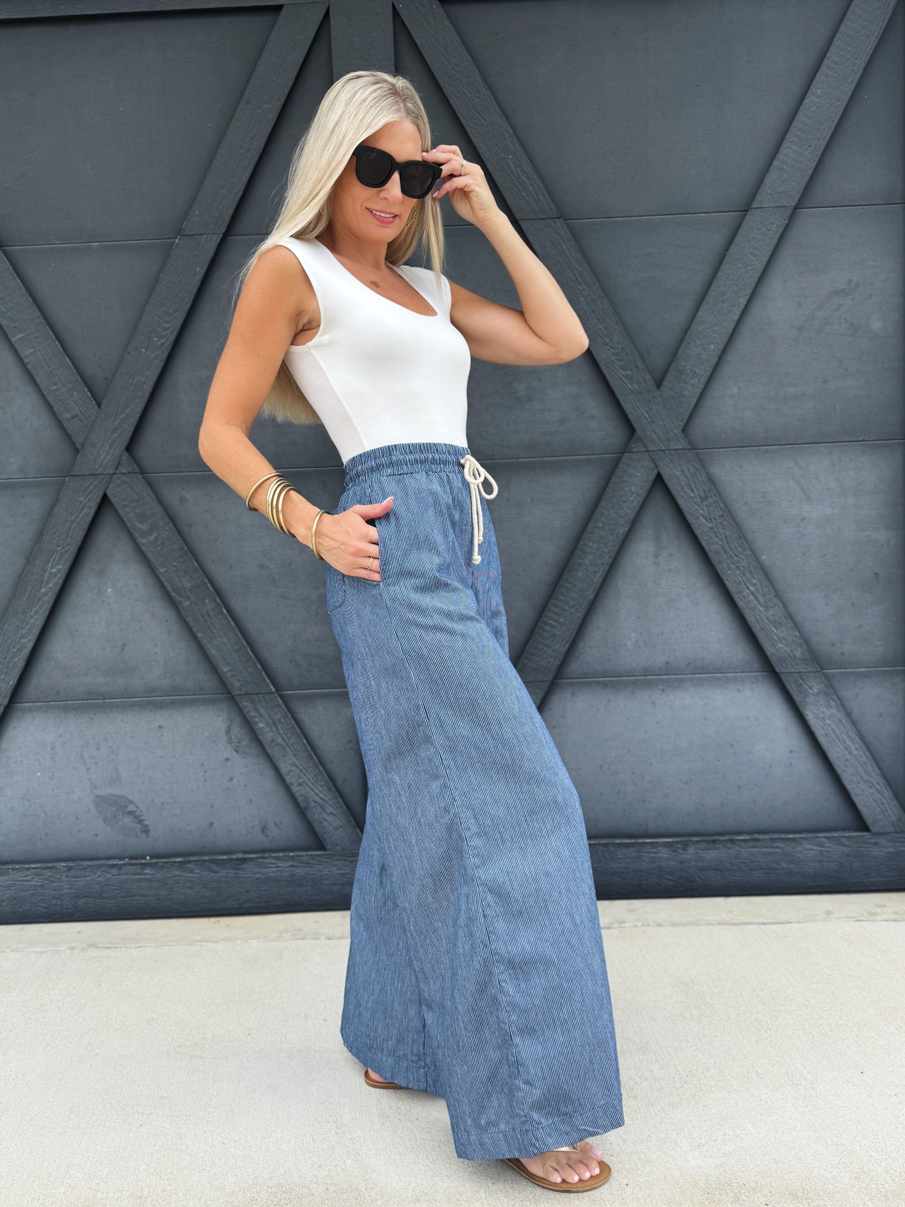 Washed Pinstriped Tie Wide Leg Pants In Denim - Infinity Raine