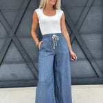 Washed Pinstriped Tie Wide Leg Pants In Denim - Infinity Raine