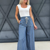 Washed Pinstriped Tie Wide Leg Pants In Denim - Infinity Raine