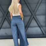 Washed Pinstriped Tie Wide Leg Pants In Denim - Infinity Raine