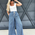 Washed Pinstriped Tie Wide Leg Pants In Denim - Infinity Raine