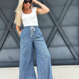 Washed Pinstriped Tie Wide Leg Pants In Denim - Infinity Raine