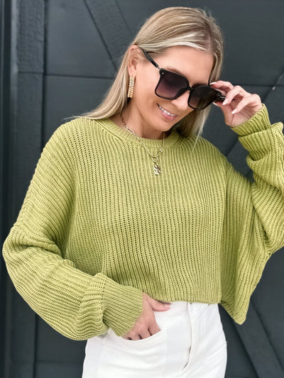Cropped Long Sleeve Knit Sweater-Avocado - Infinity Raine