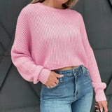 Cropped Long Sleeve Knit Sweater-Bubble Pink - Infinity Raine