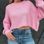 Cropped Long Sleeve Knit Sweater-Bubble Pink - Infinity Raine