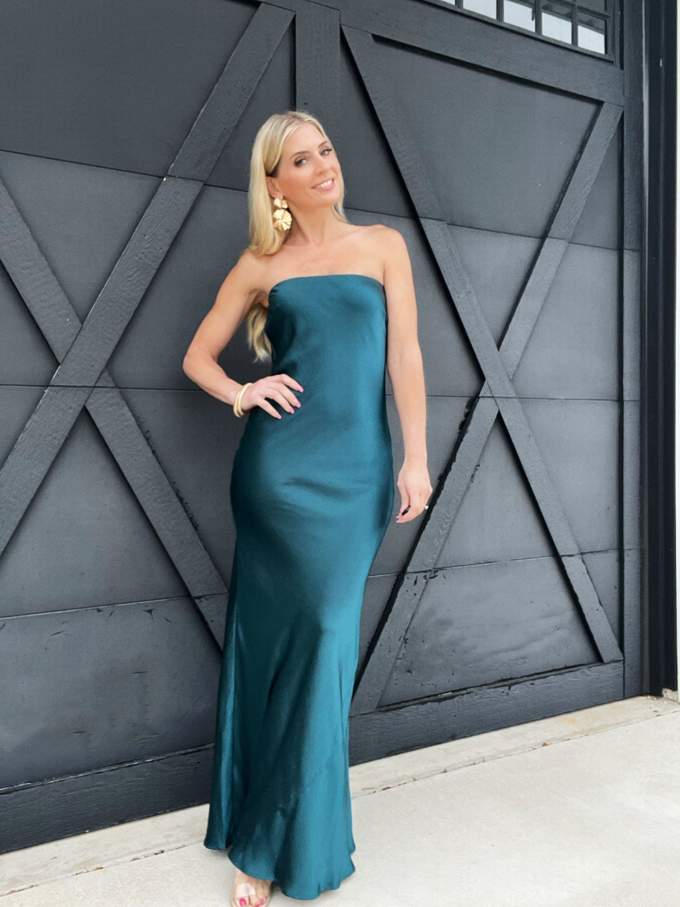 ee:some Dresses Satin Strapless Maxi Dress In Teal