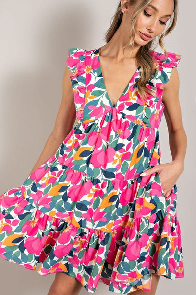 Tiered V-Neck Mini Dress-Off White - Infinity Raine