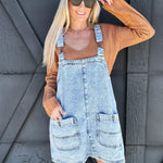 Washed Mini Overall Dress In Starlight Blue - Infinity Raine
