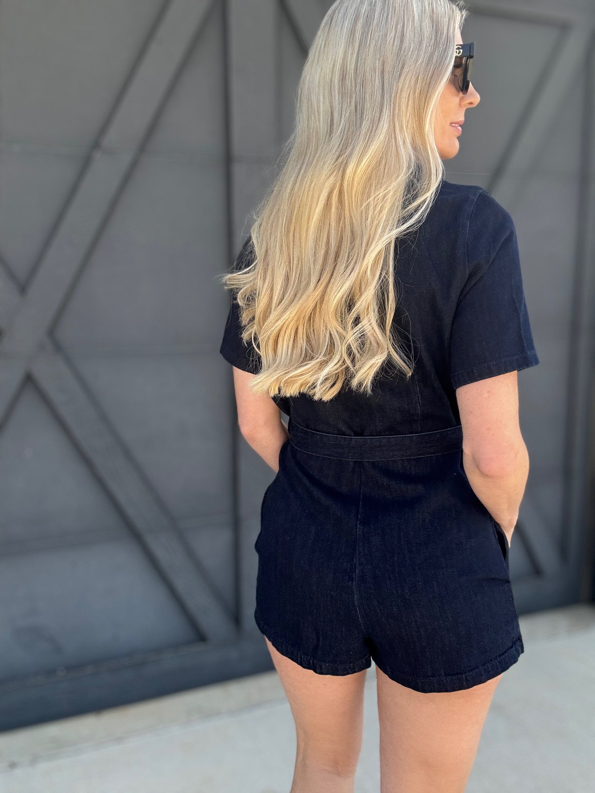 Denim Tie Waist Romper In Dark - Infinity Raine