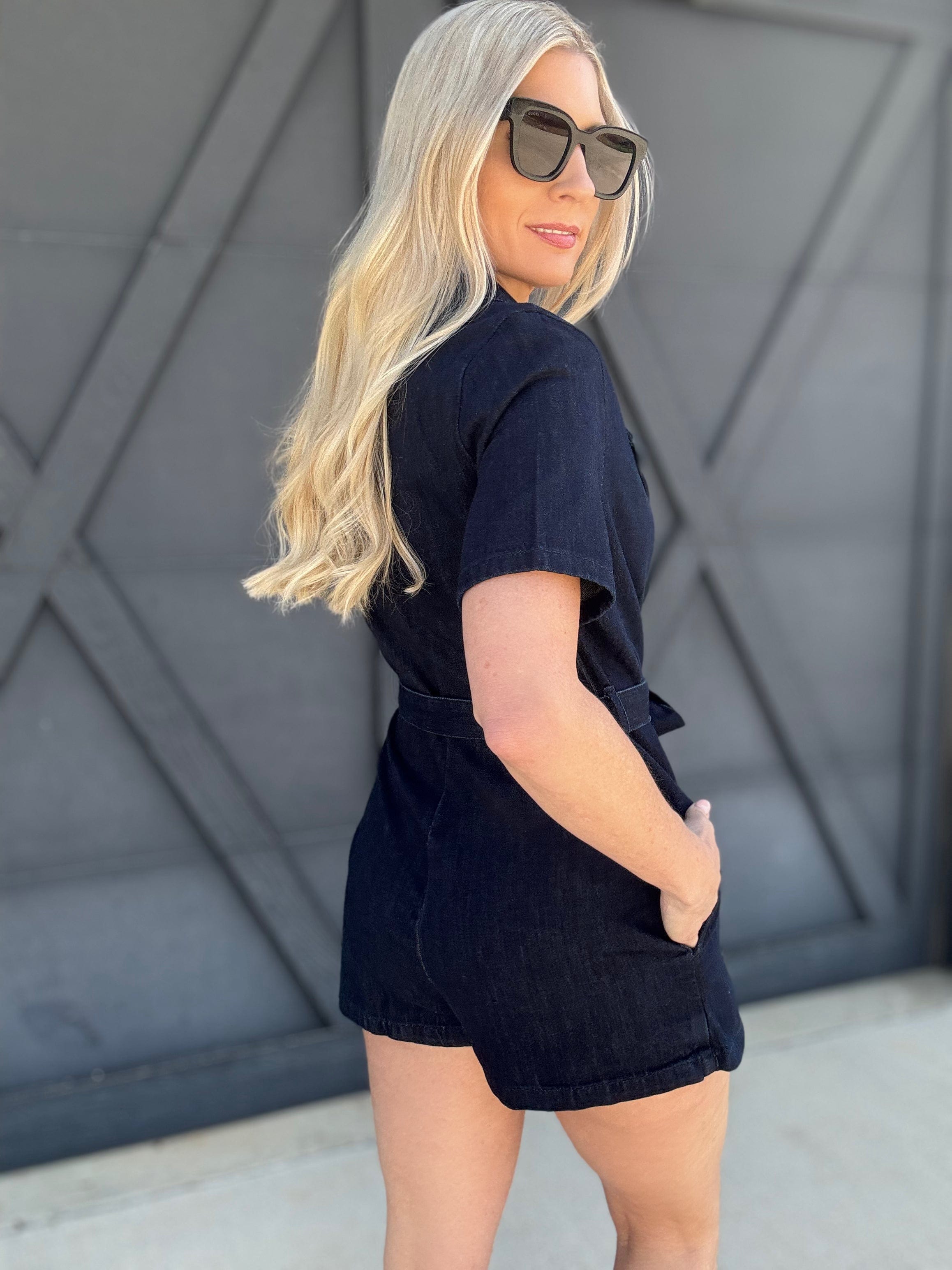 Denim Tie Waist Romper In Dark - Infinity Raine
