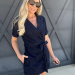 Denim Tie Waist Romper In Dark - Infinity Raine