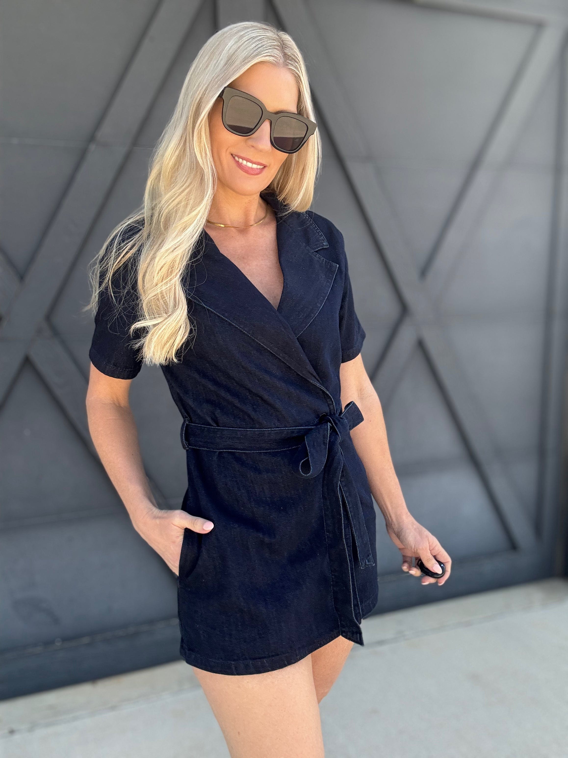 Denim Tie Waist Romper In Dark - Infinity Raine