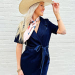 Denim Tie Waist Romper In Dark - Infinity Raine