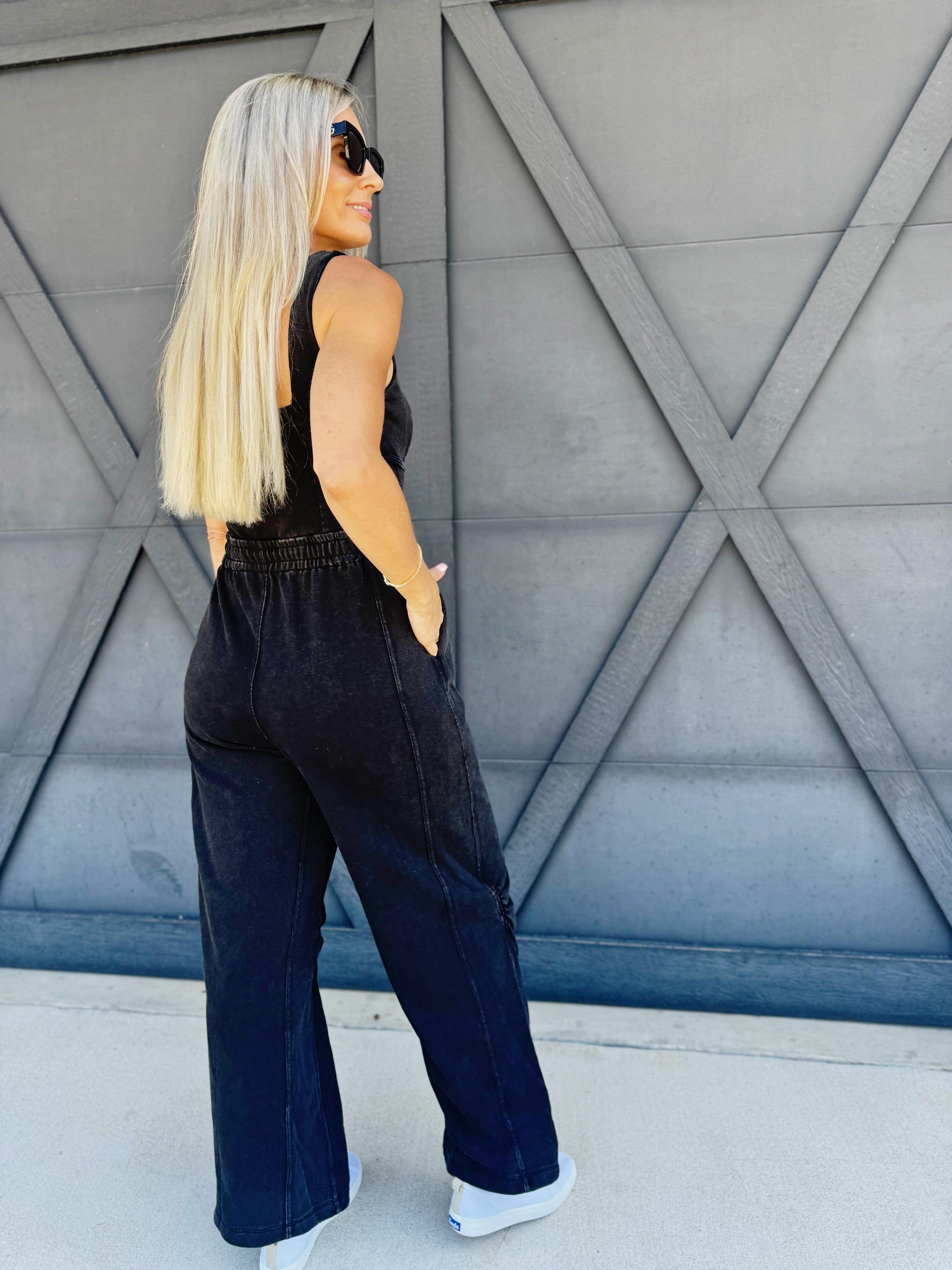 Mineral Washed Drawstring Jumpsuit In Ash Black - Infinity Raine