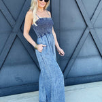 Mineral Washed Smocked Jumpsuit In Denim - Infinity Raine