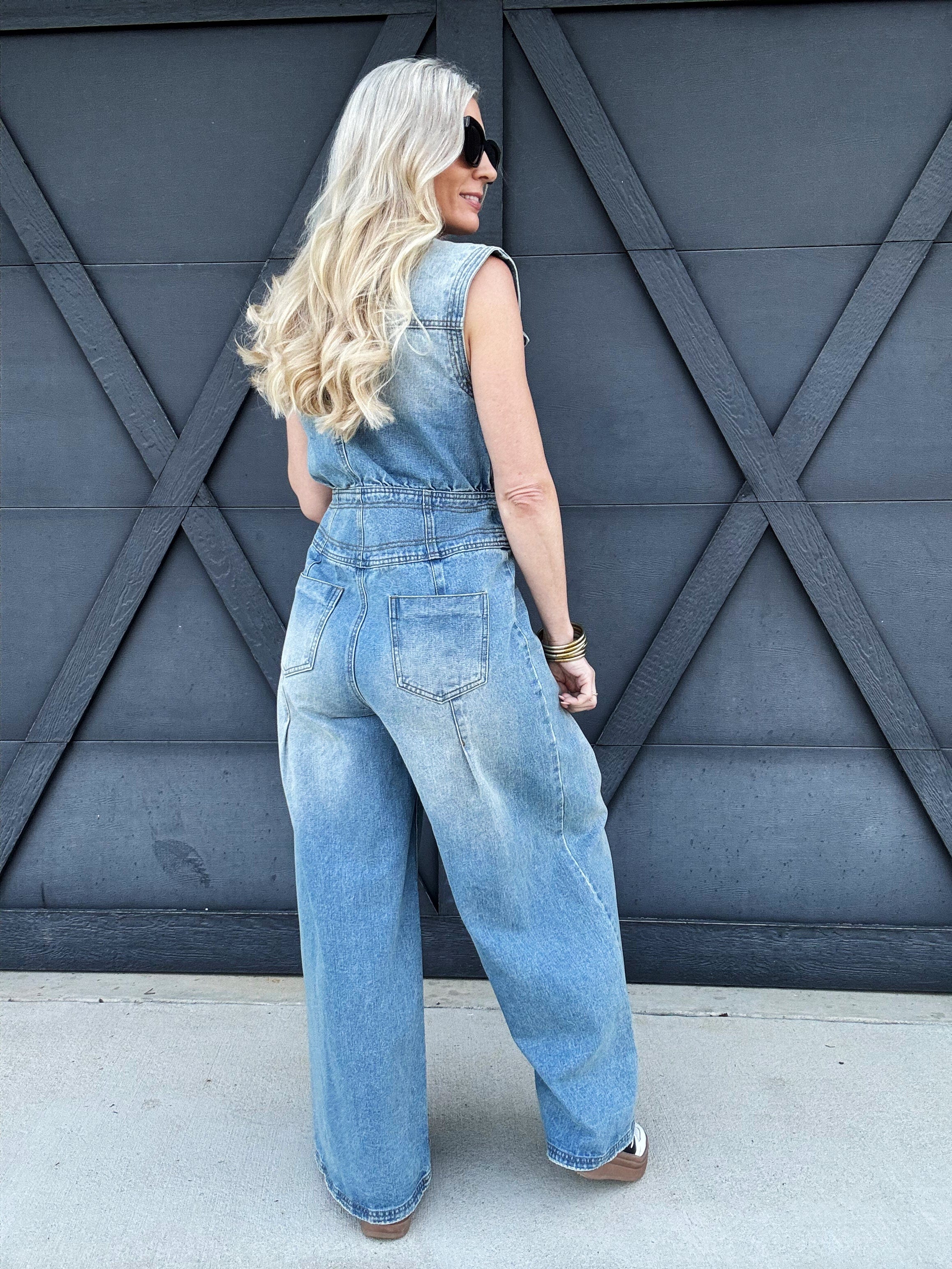 Washed Button Down Jumpsuit In Denim - Infinity Raine
