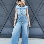 Washed Button Down Jumpsuit In Denim - Infinity Raine