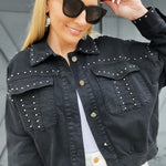 Studded Denim Jacket-Ash Black - Infinity Raine