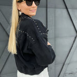 Studded Denim Jacket-Ash Black - Infinity Raine