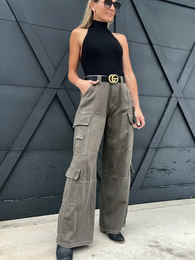 Mineral Washed Cargo Pants-Dark Olive - Infinity Raine