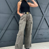Mineral Washed Cargo Pants-Dark Olive - Infinity Raine