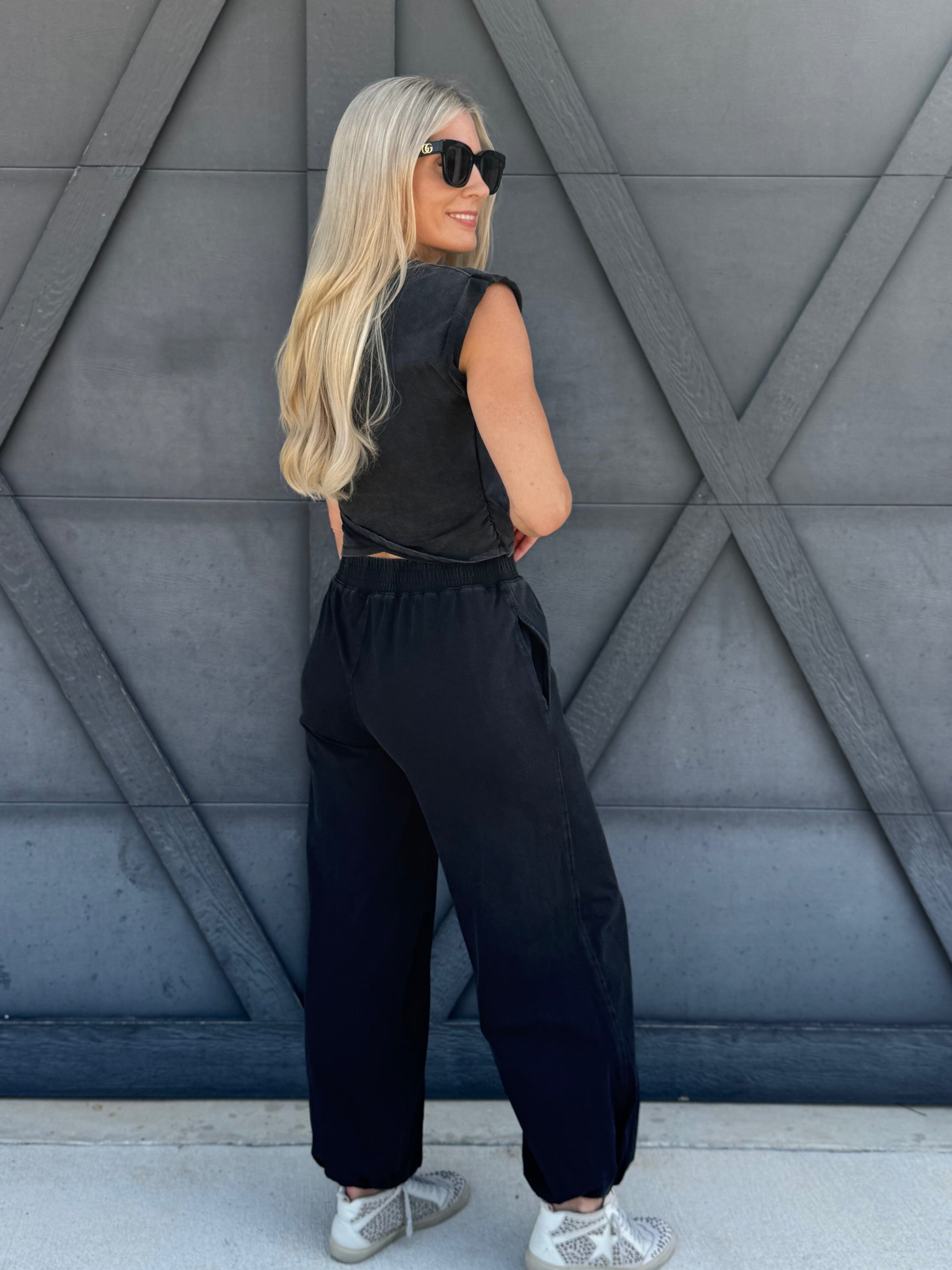 Wrap Top And Jogger Pants Set In Ash Black - Infinity Raine