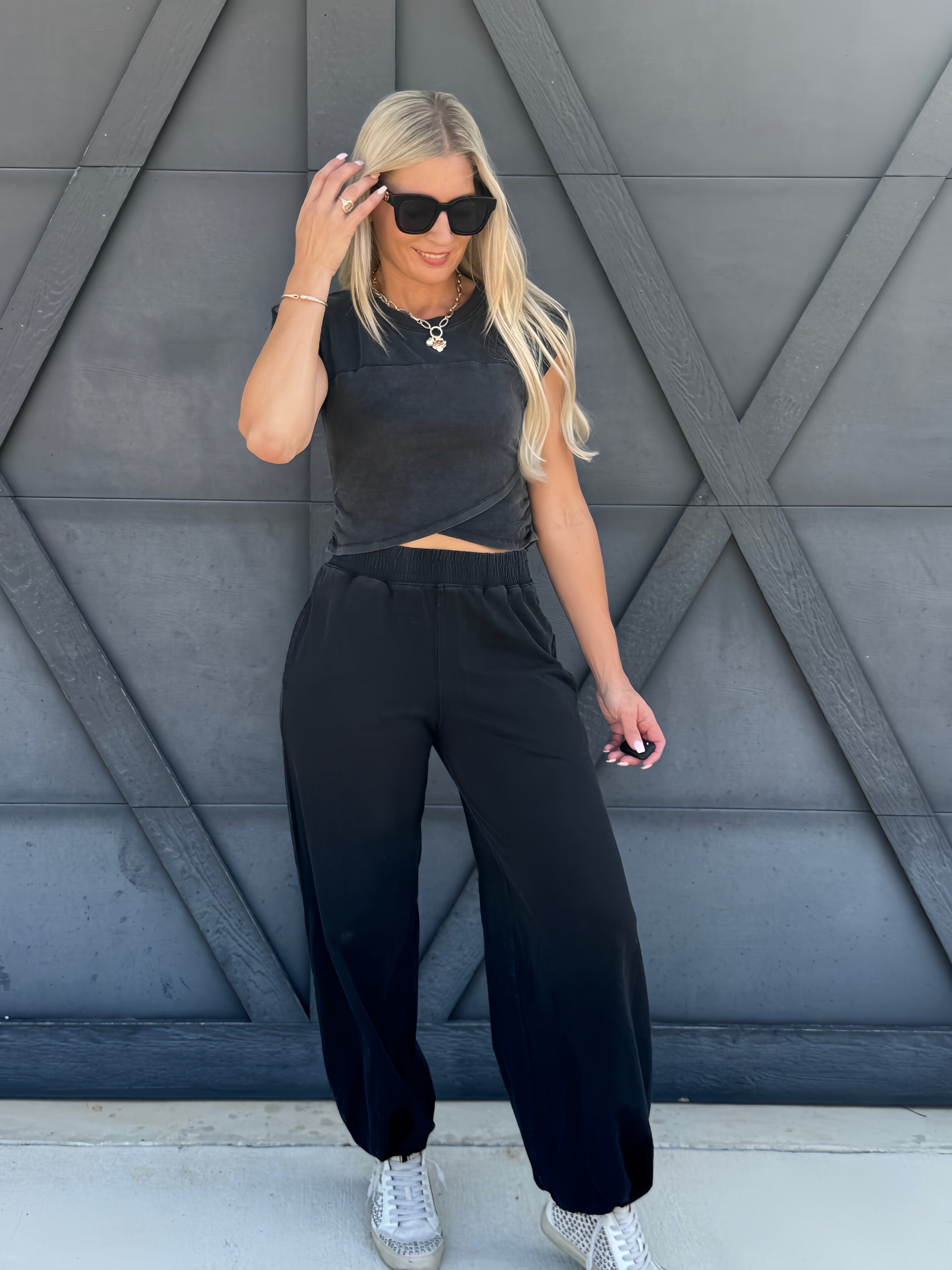 Wrap Top And Jogger Pants Set In Ash Black - Infinity Raine