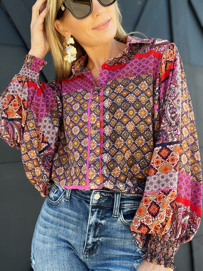 Boho Puff Sleeve Top-Hot Pink/Red - Infinity Raine