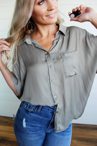 Button Down Pocket Blouse-Sage - Infinity Raine