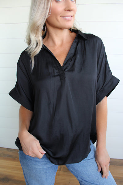 Collared V Neck Blouse-Black - Infinity Raine
