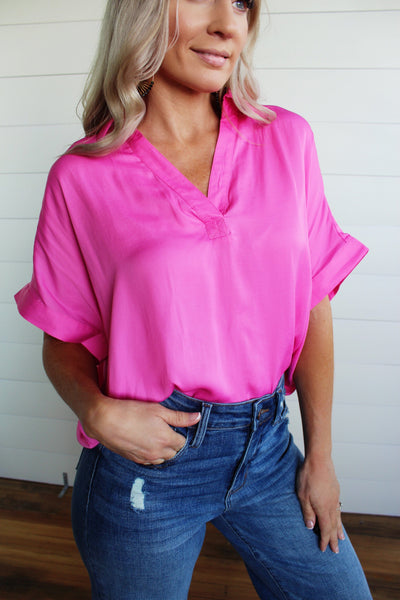 Collared V Neck Blouse-Candy Pink - Infinity Raine